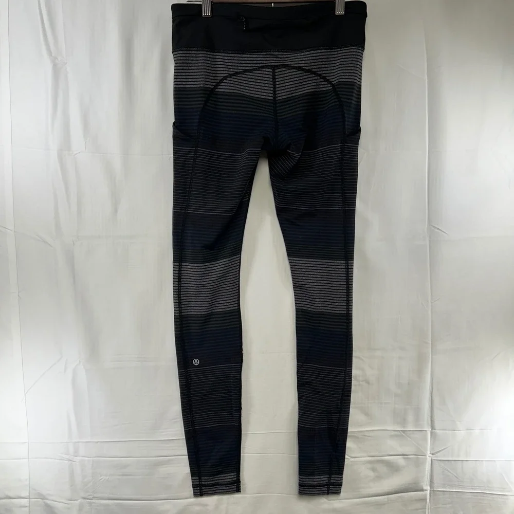 Lululemon Speed Up Tight Womens 8 Black Grey Blue Striped Running Leggings